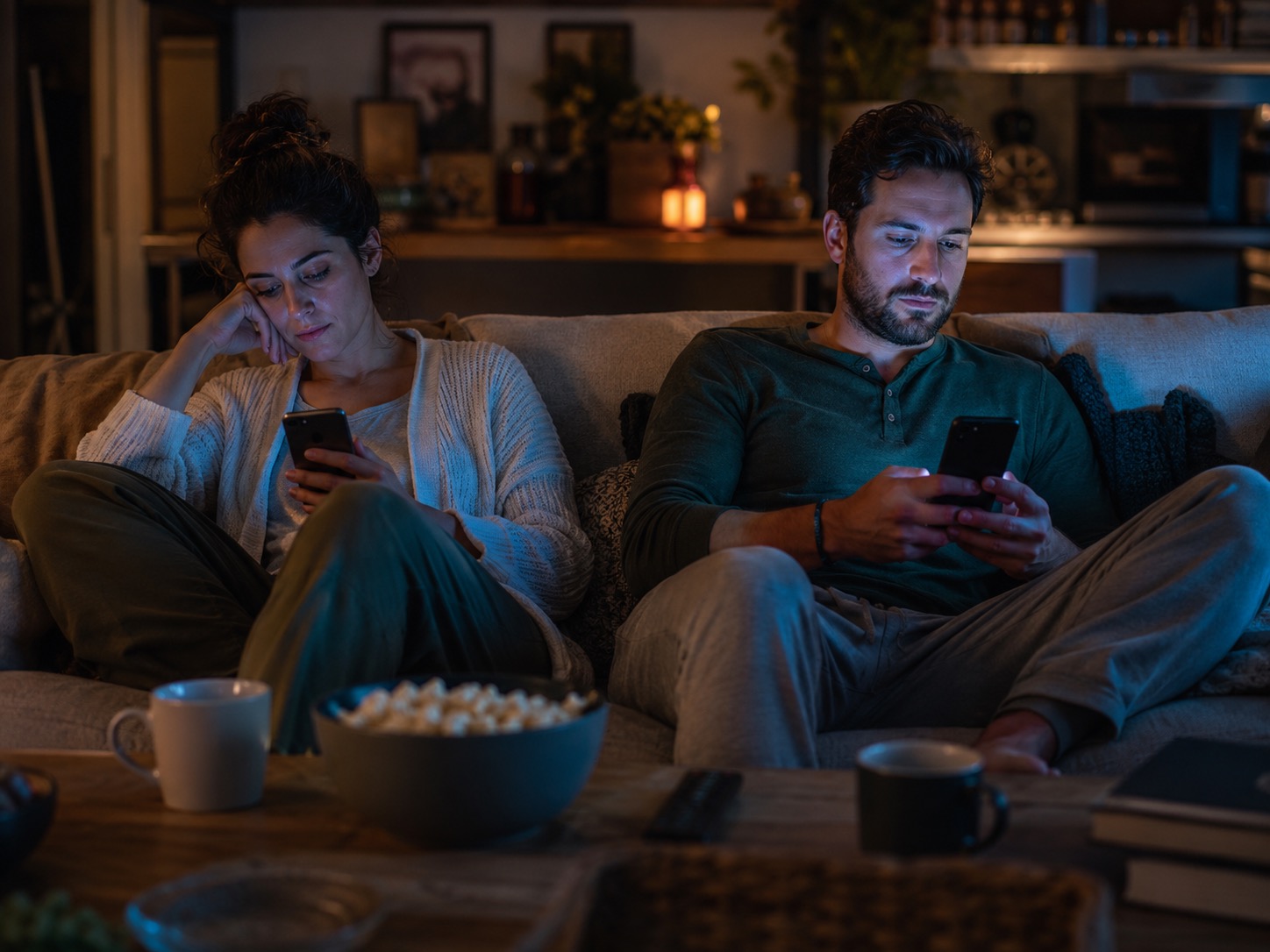 A couple at home on the couch at night, each scrolling their own phone instead of talking